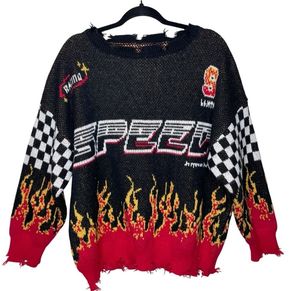 Bikercore Fire & Letter Speed Flame Pattern Drop Shoulder Sweater 2XL - Picture 5 of 15